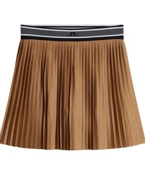J.Lindeberg Tan Pleated Mini Skirt with Black & White Striped Waistband